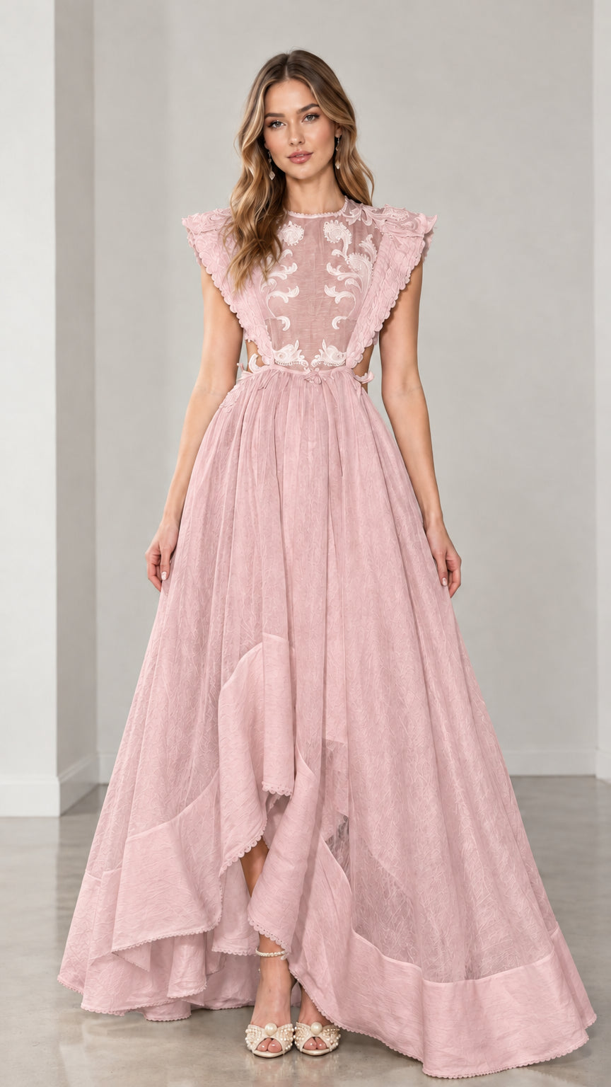 Dusty Pink embroidered illusion bodice waist cut-out maxi dress