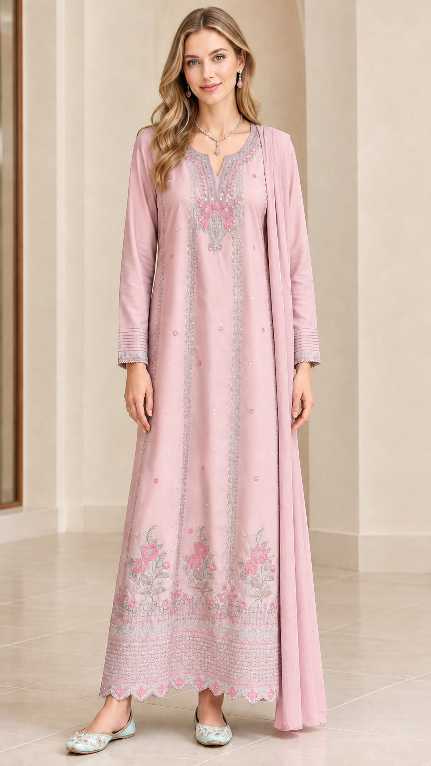 Front view of dusty pink embroidered maxi dress with matching scarf