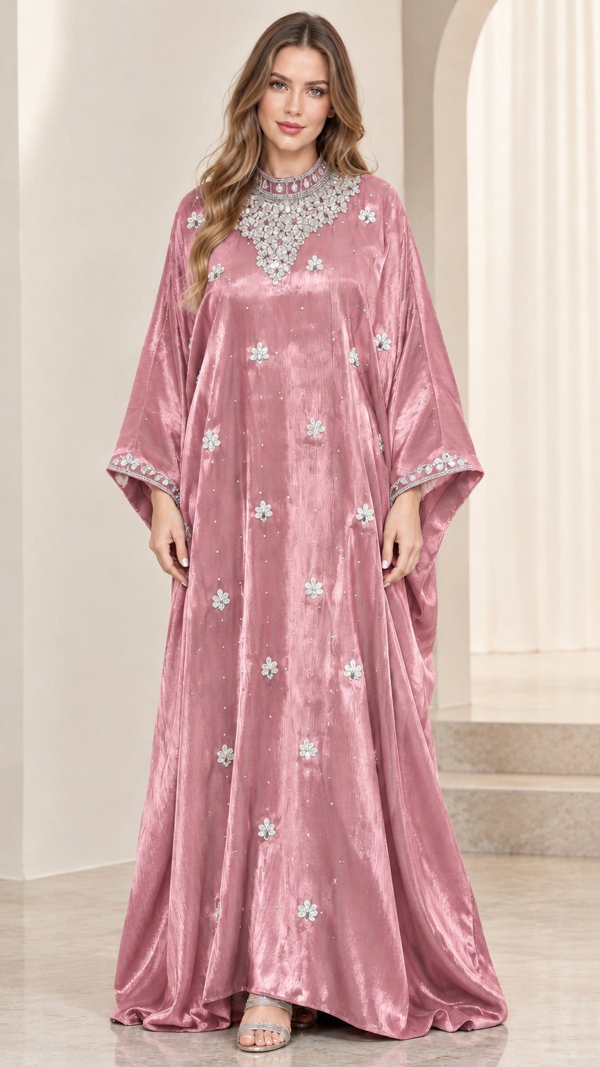 Front view of dusty pink velvet embellished kaftan maxi dress
