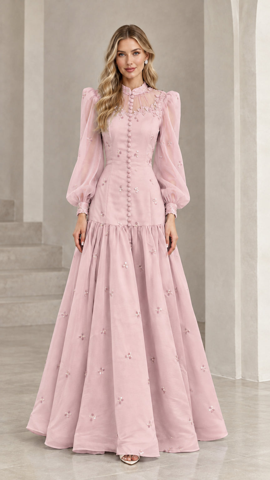 Blush pink embroidered long sleeve formal maxi dress