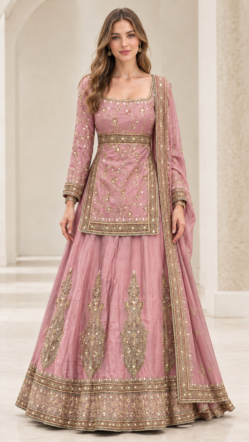 Dusty pink embroidered 3-piece kurti and flared maxi lehenga set