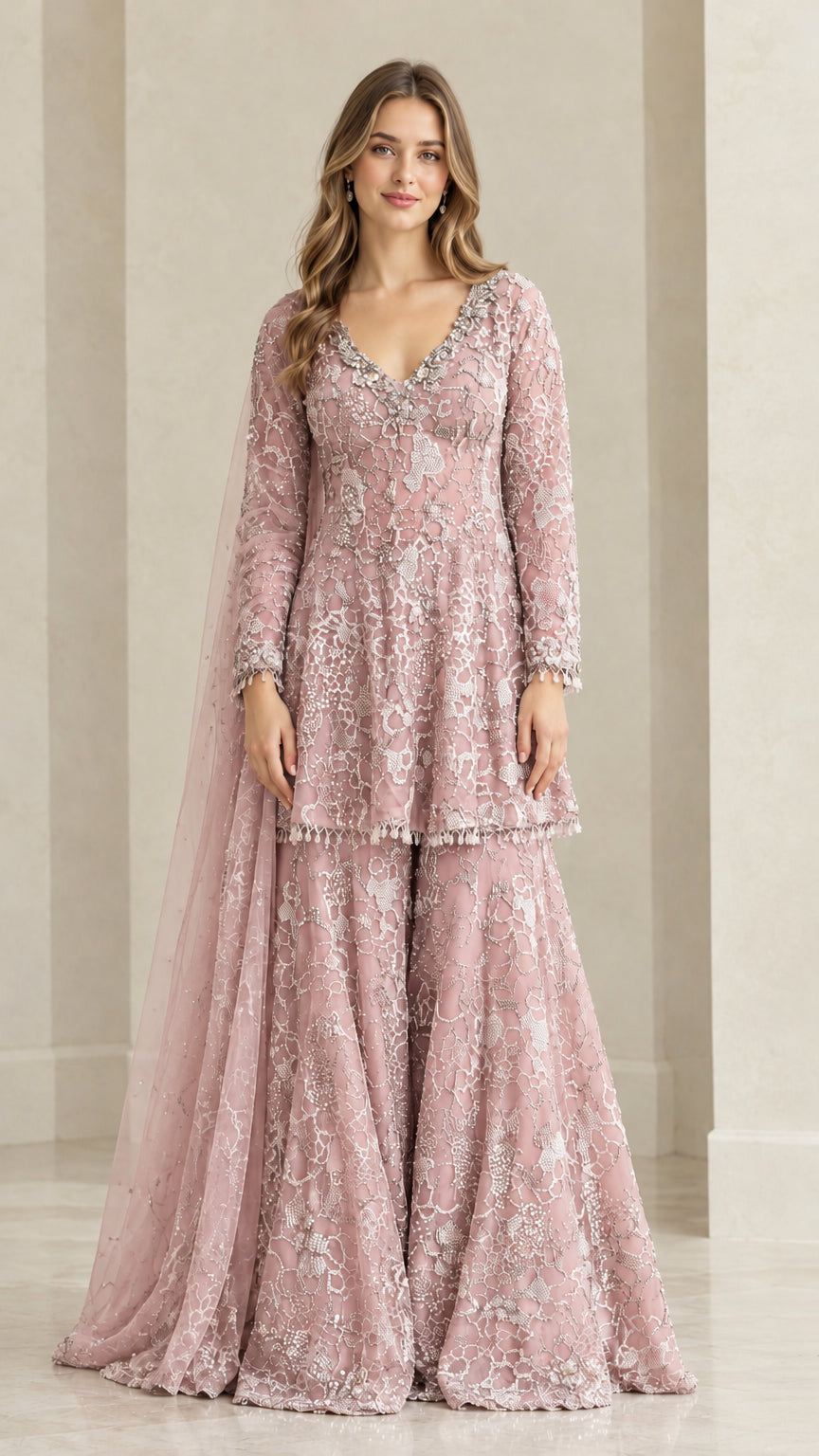 Blush pink beaded lace peplum sharara suit set with matching dupatta
