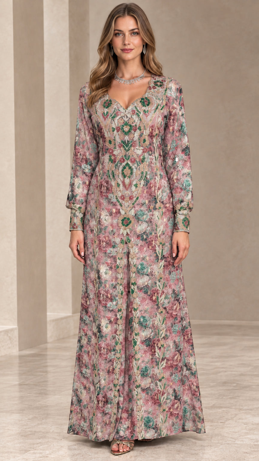 Front view of blush pink floral embroidered long sleeve maxi evening dress