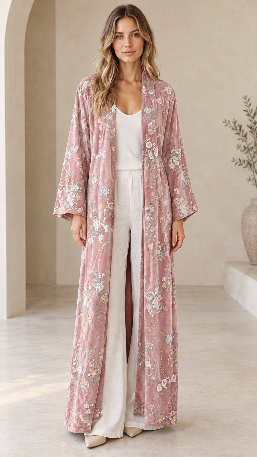 Model wearing the Dusty Pink floral embroidered velvet maxi duster cardigan