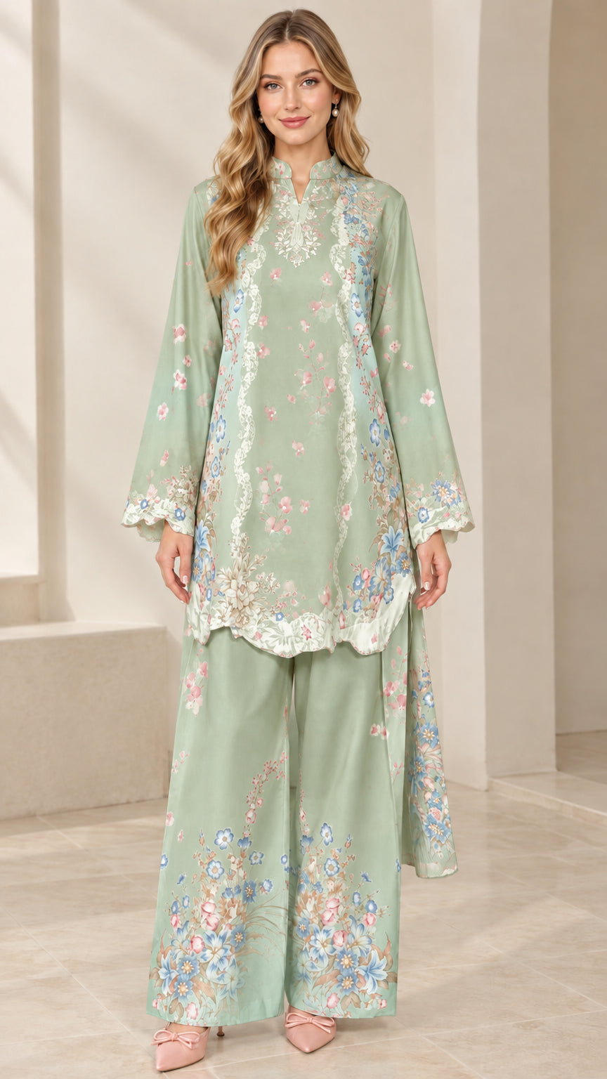 Full front view of sage green floral print tunic and wide leg trousers set