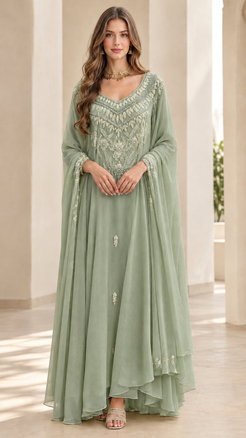 Front full view of sage green embroidered chiffon floor-length gown