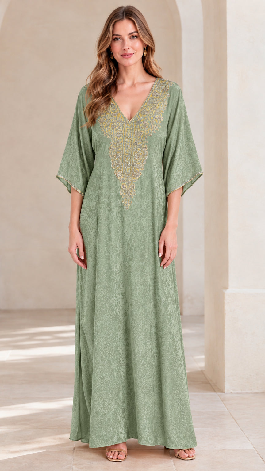 Full front view of woman wearing sage green embroidered kaftan maxi dress