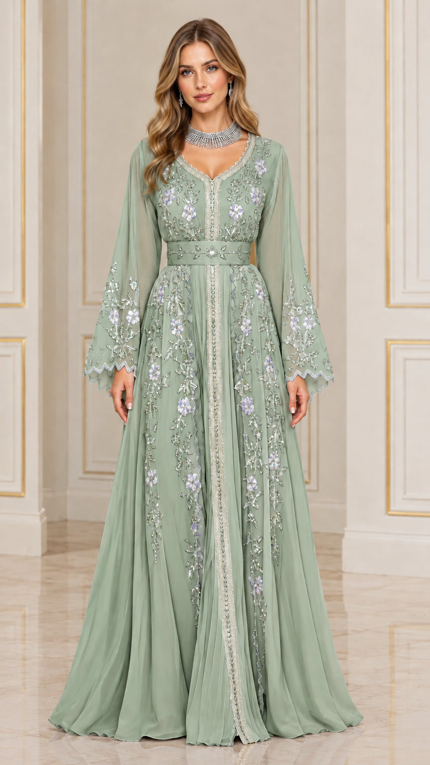 Model wearing sage green embellished chiffon kaftan maxi dress