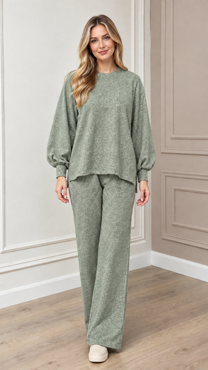 Model wearing sage green textured knit two-piece lounge set