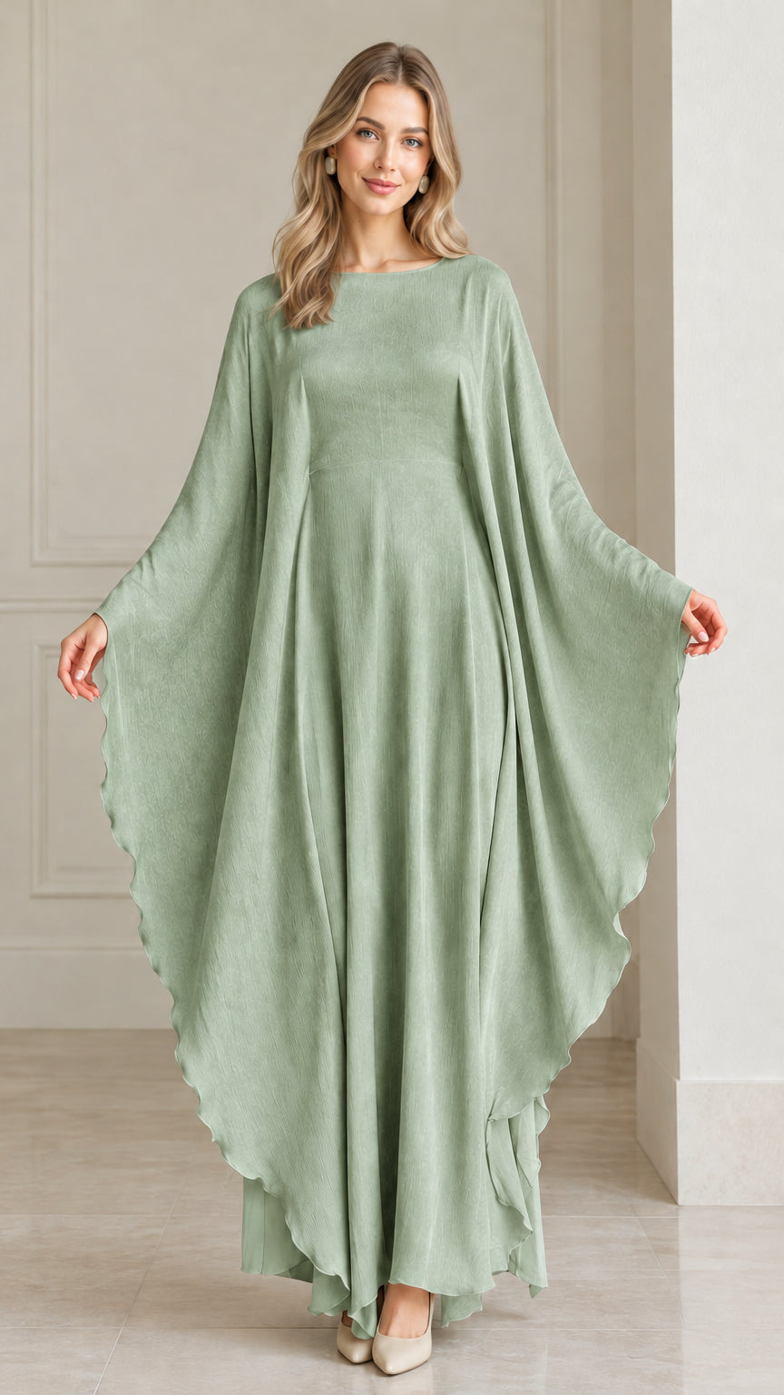 Front view of woman wearing sage green flowy cape sleeve maxi dress