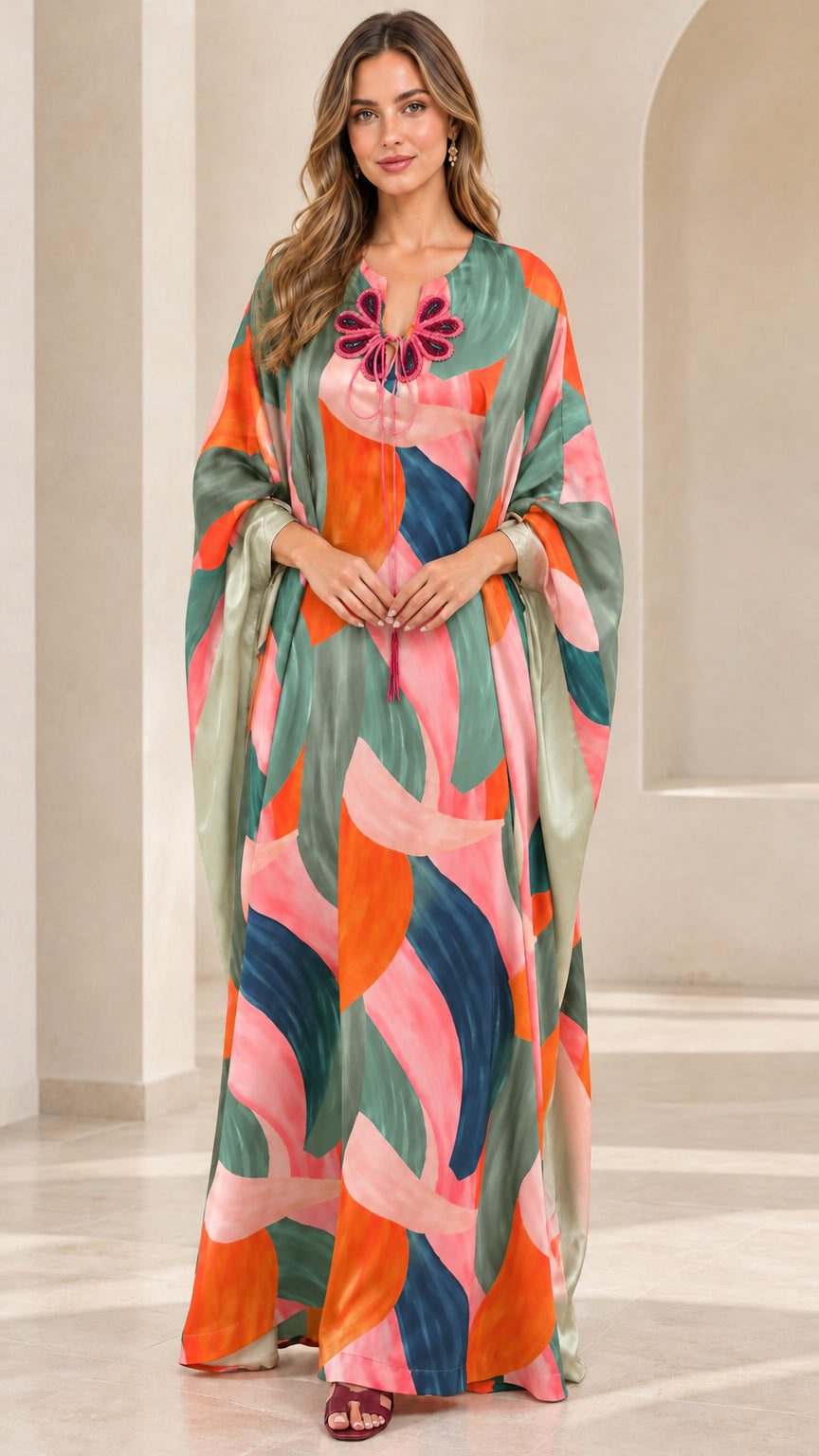 Sage Multicolor abstract painterly print kaftan maxi dress front view