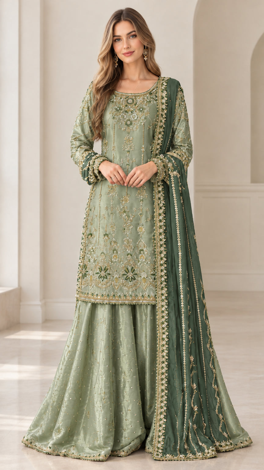 Full front view of sage green embroidered sharara suit with contrast green dupatta