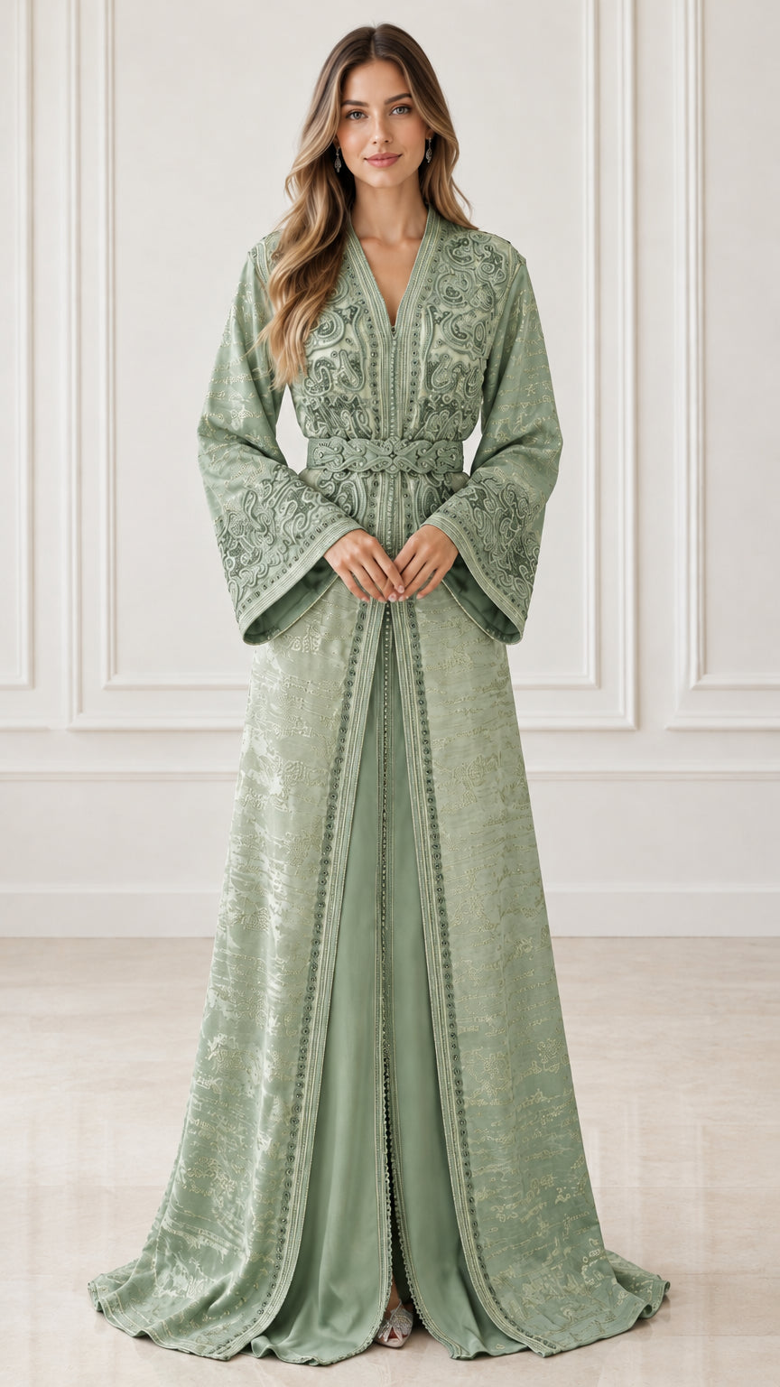 Full front view of model wearing Sage Green embroidered belted kaftan dress