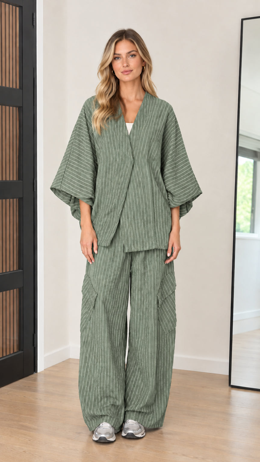 Women's sage green pinstripe two-piece kimono and cargo trouser set
