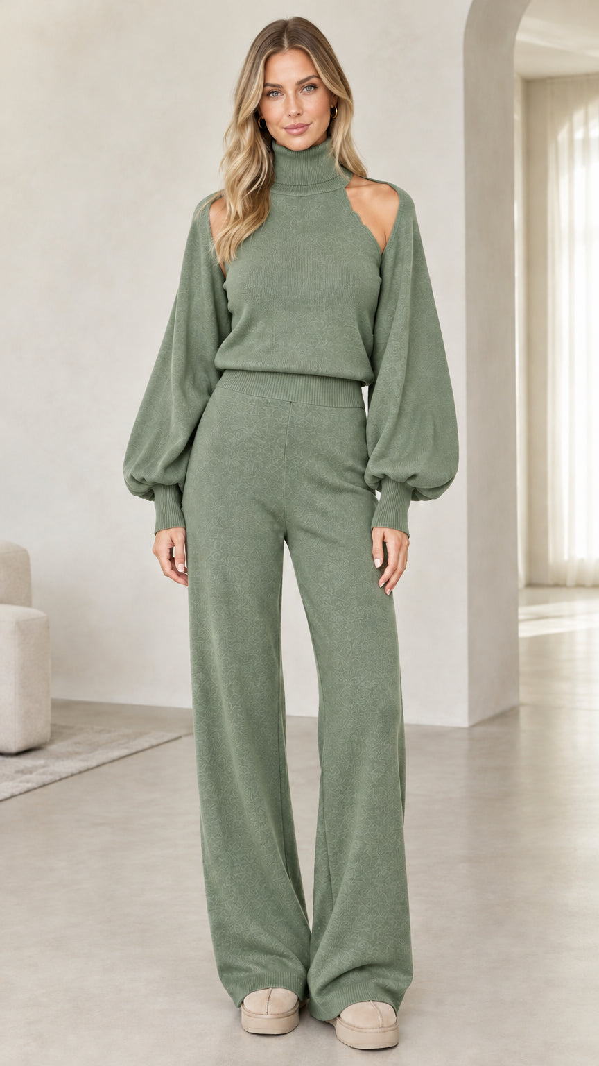 Sage green two-piece cutout sweater and wide-leg knit lounge set