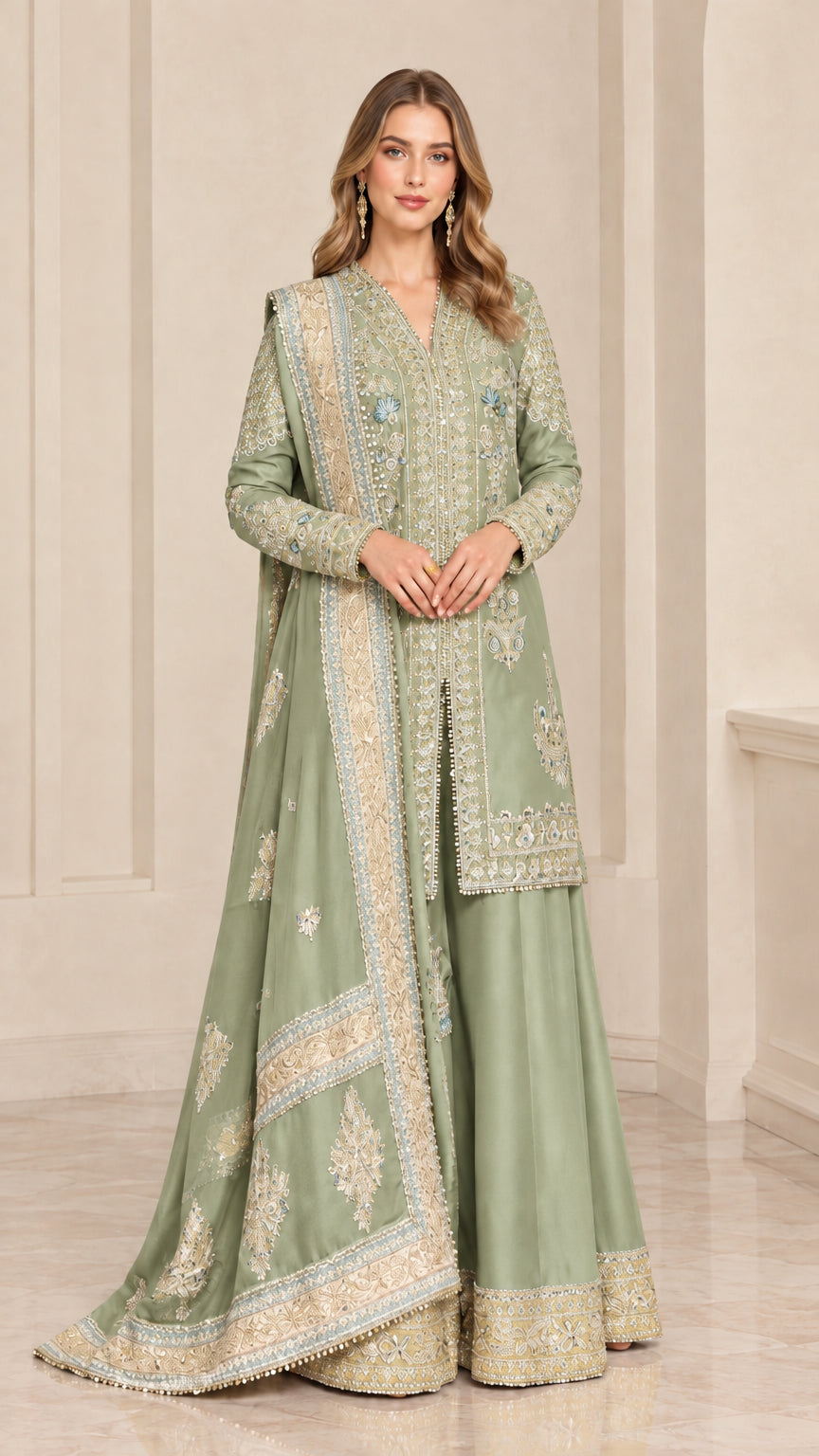 Full-length studio portrait of woman wearing Sage Green embroidered sharara suit set