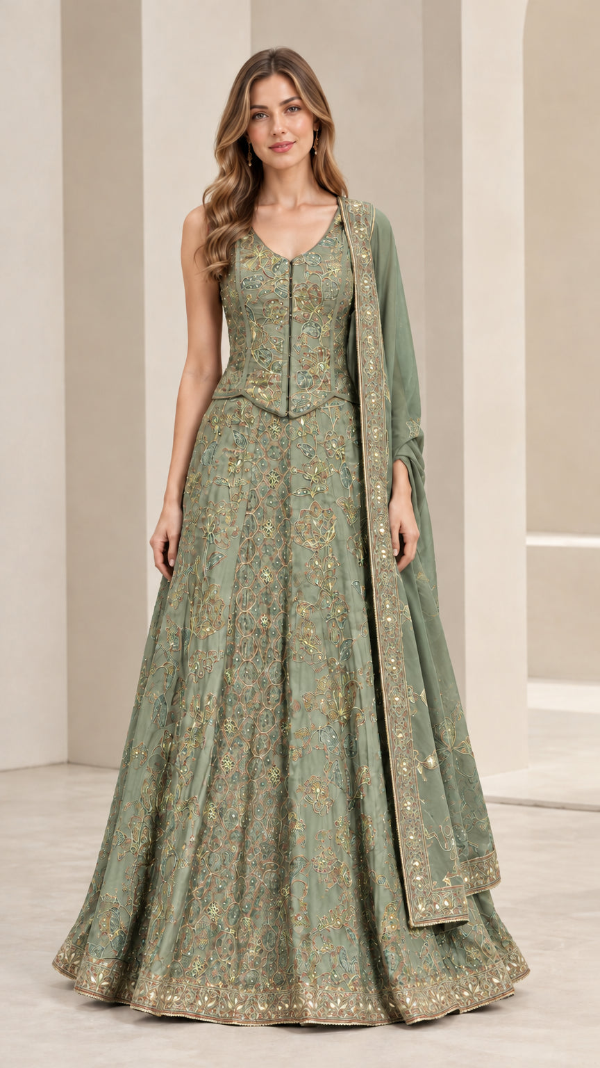 Front view of sage green floral embroidered lehenga set with matching dupatta