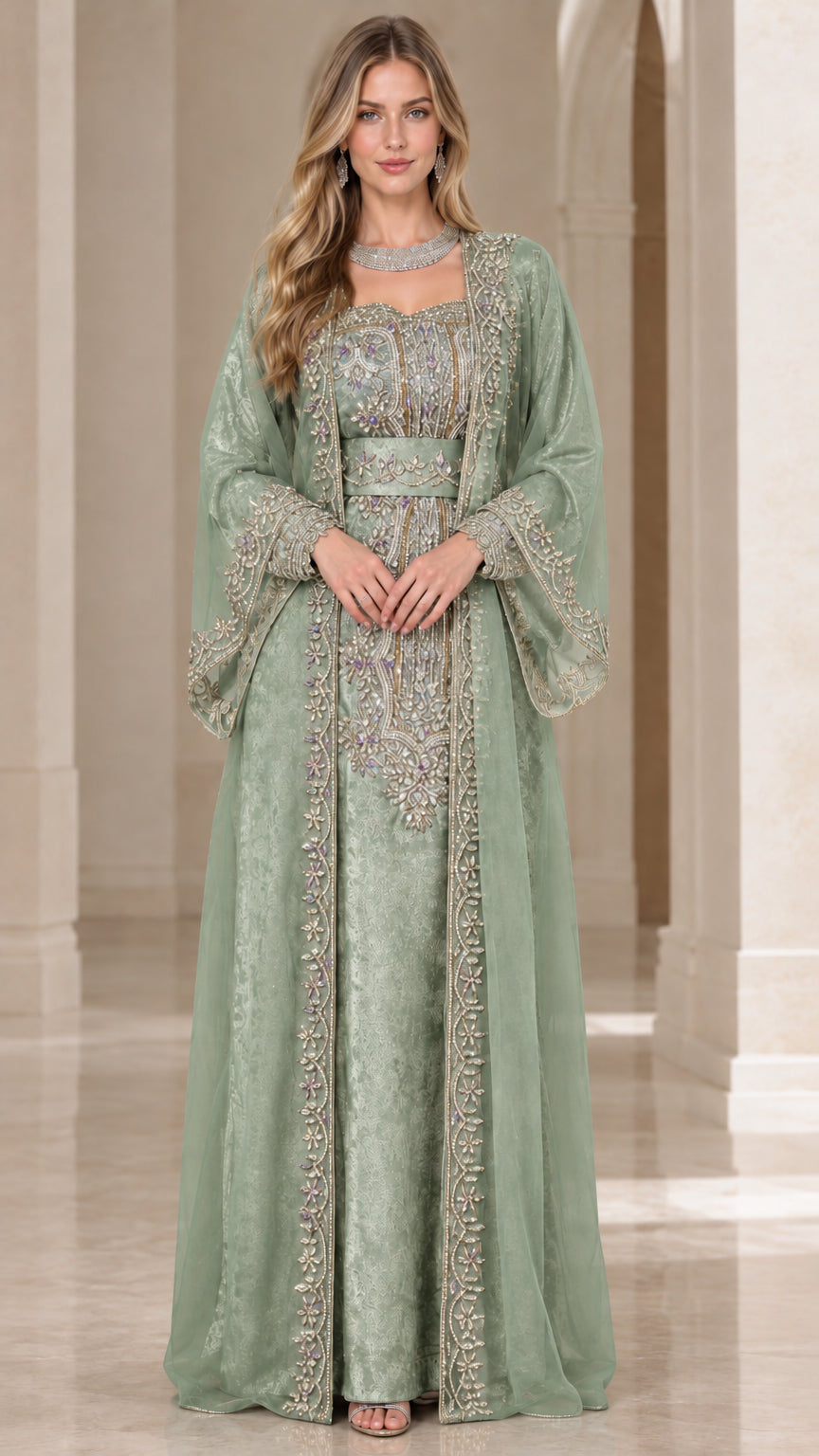 Full front view of sage green embroidered kaftan maxi dress