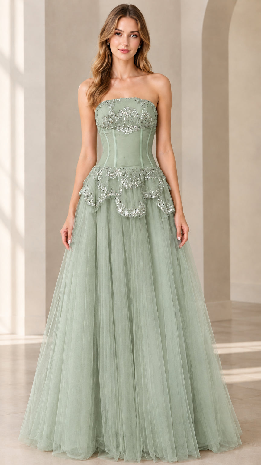 Sage Green strapless corset formal tulle gown with sequined peplum