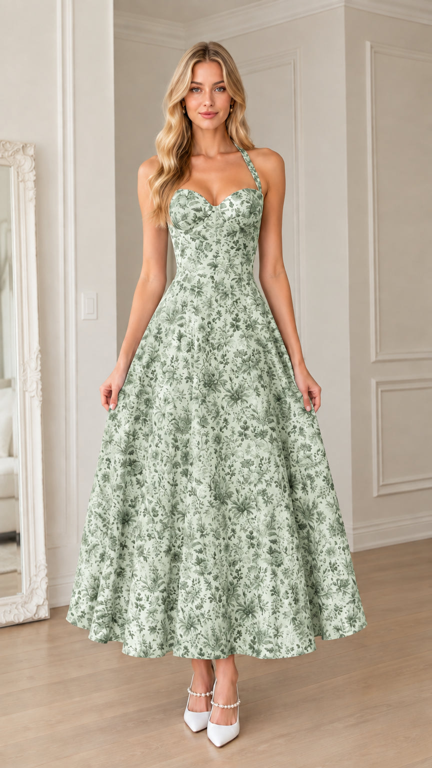 Front view of woman wearing sage green floral halter corset maxi dress