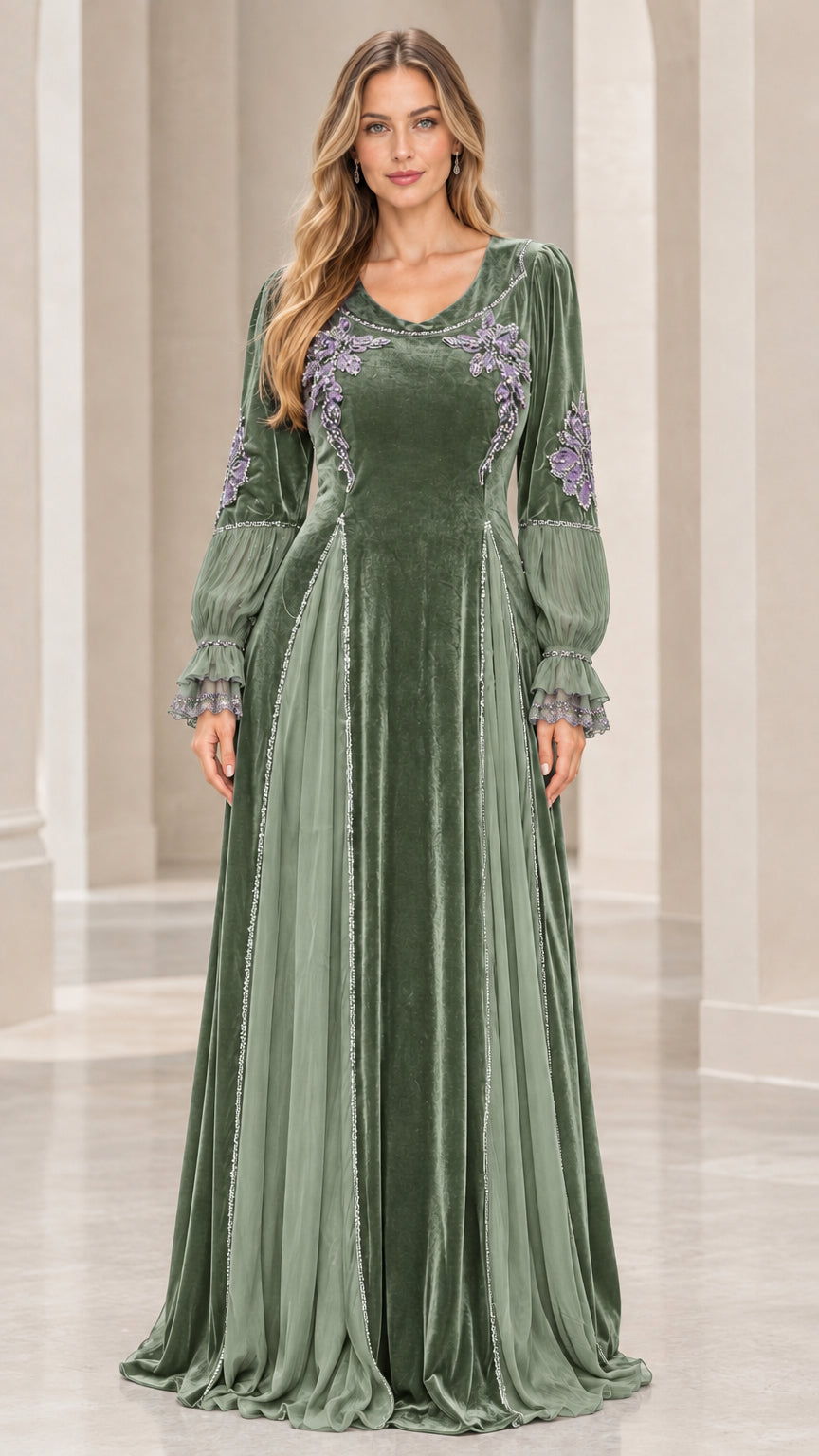 Model wearing Sage Green embroidered velvet maxi dress