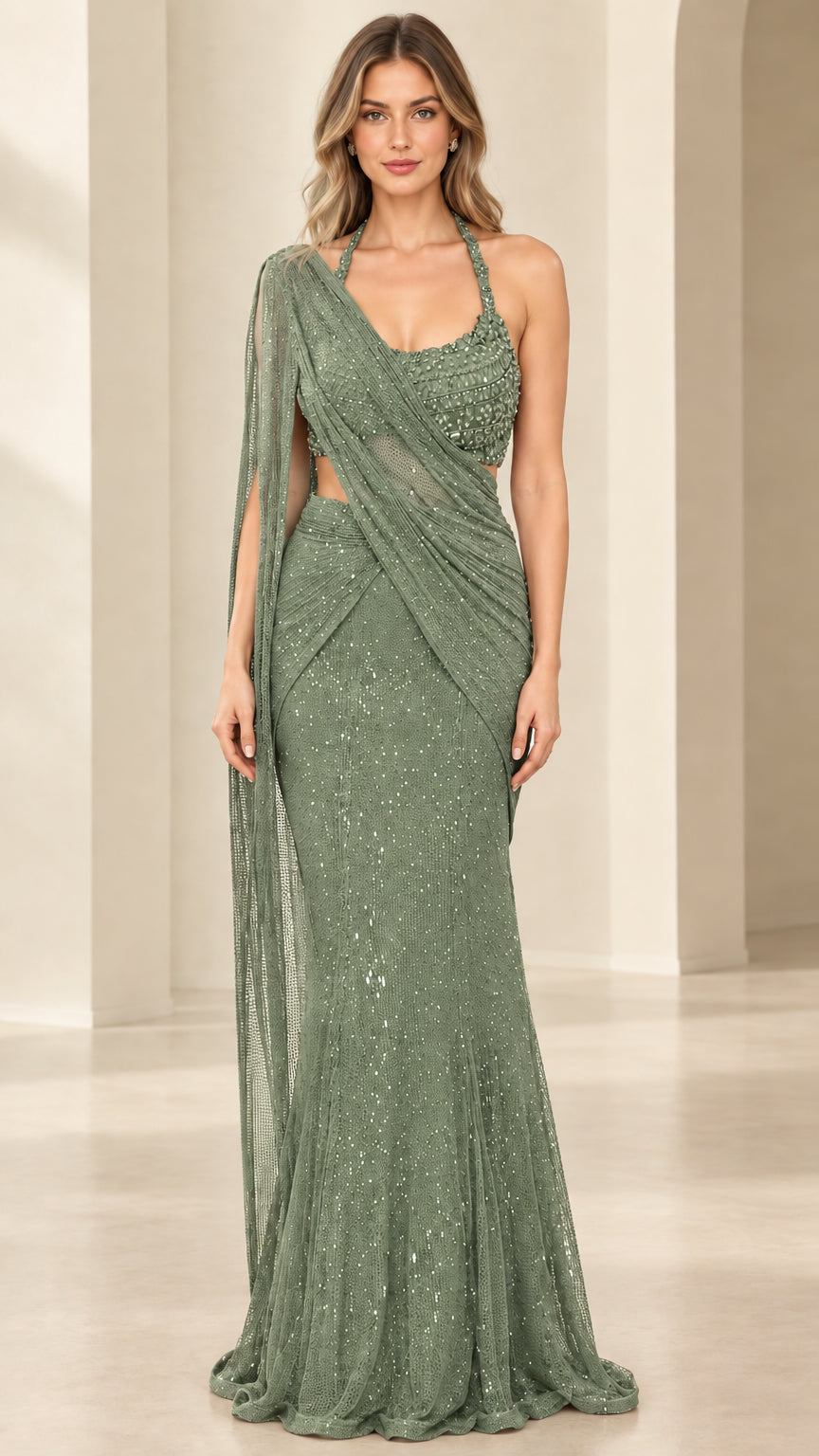 Sage green draped halter neck sequin evening gown