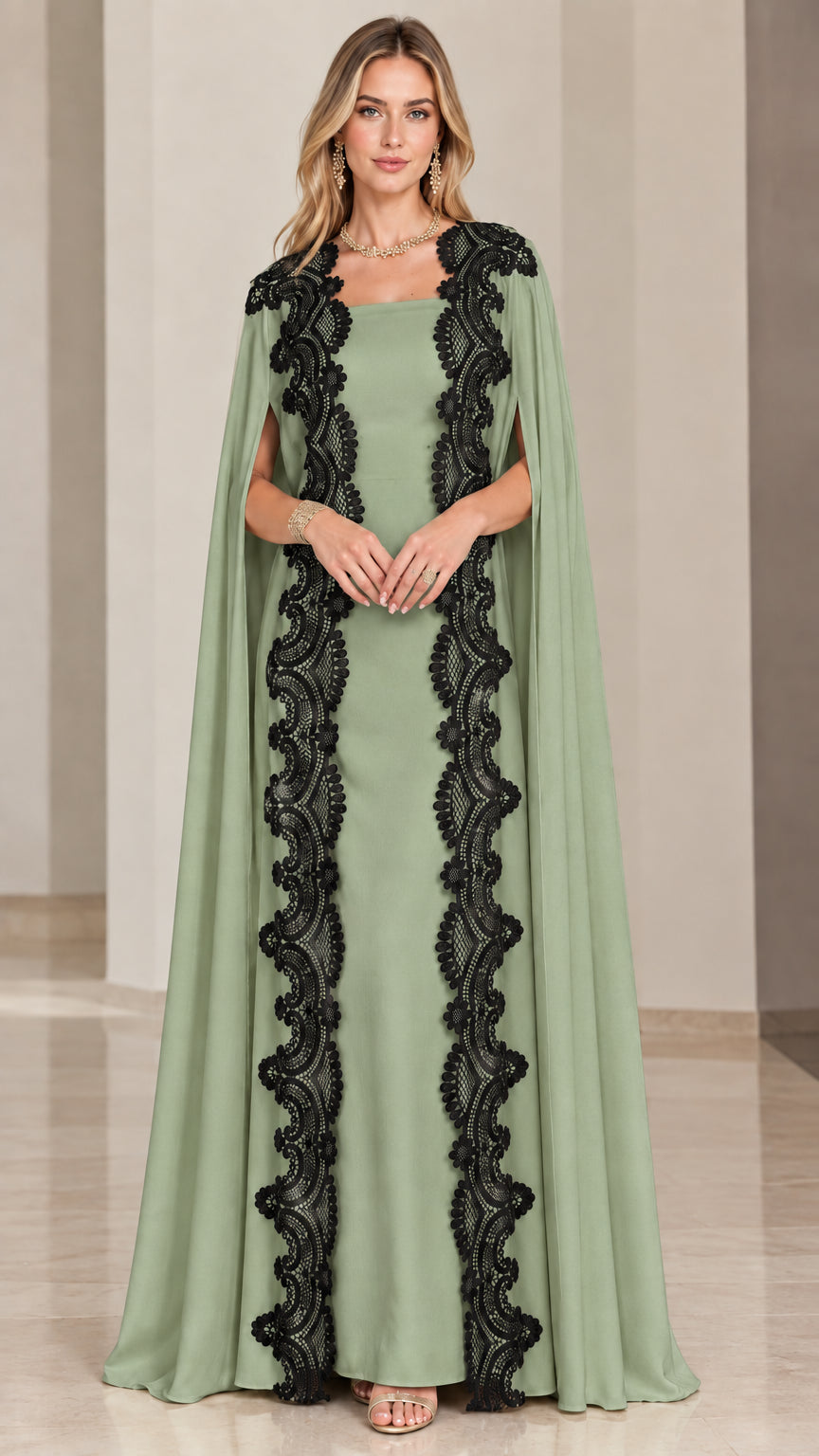 Front view of sage green cape evening dress with black lace trim