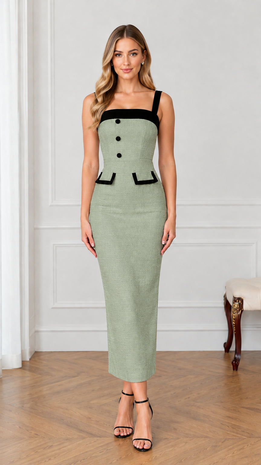 Sage green tweed midi pencil dress with black square neckline and buttons
