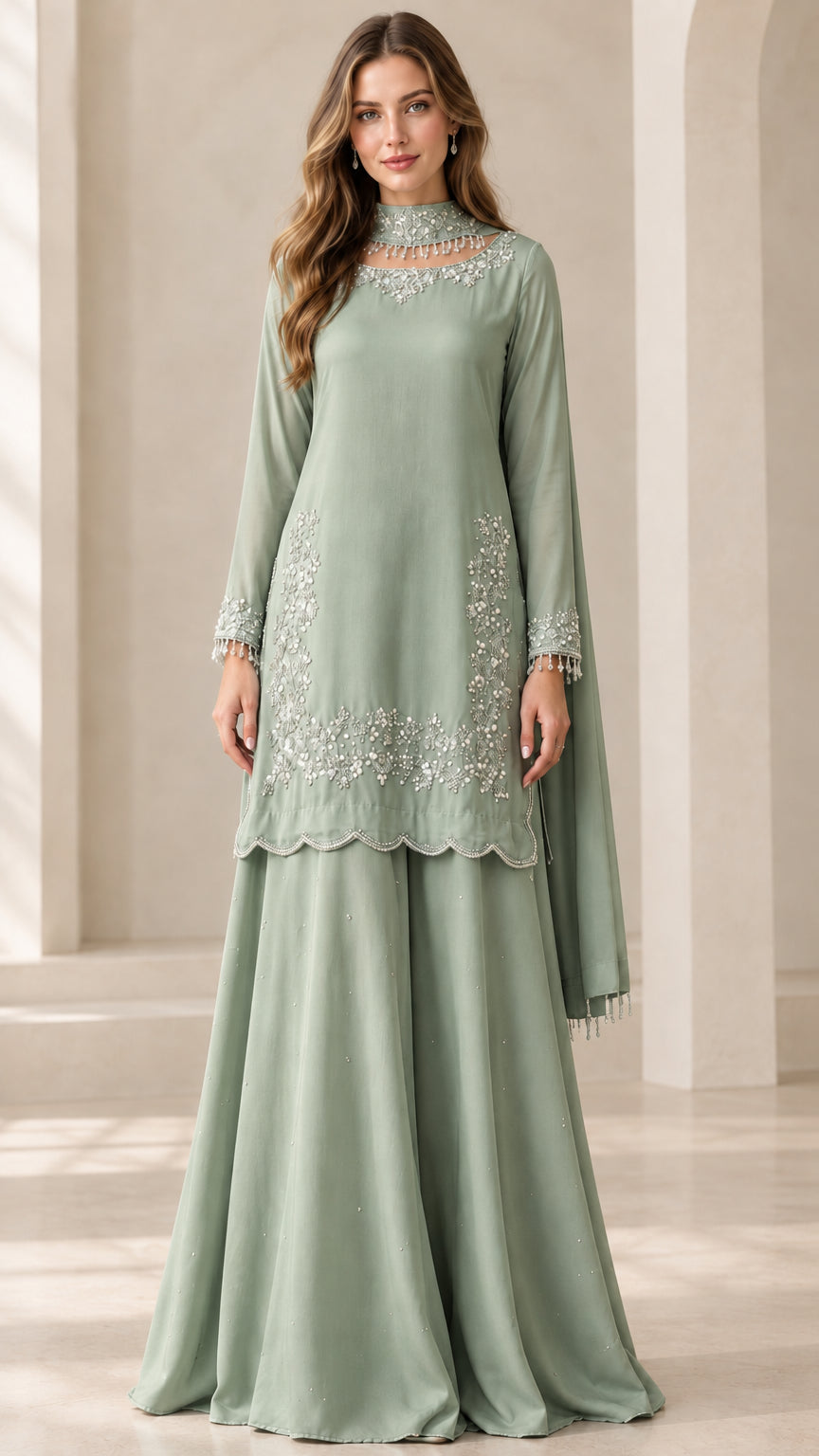 Full-length view of woman wearing Sage Green embroidered sharara suit set