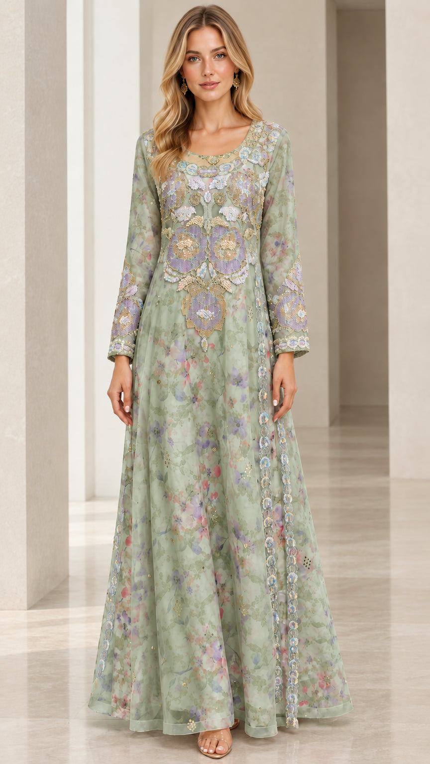 Full front view of sage green floral embroidered long sleeve maxi dress