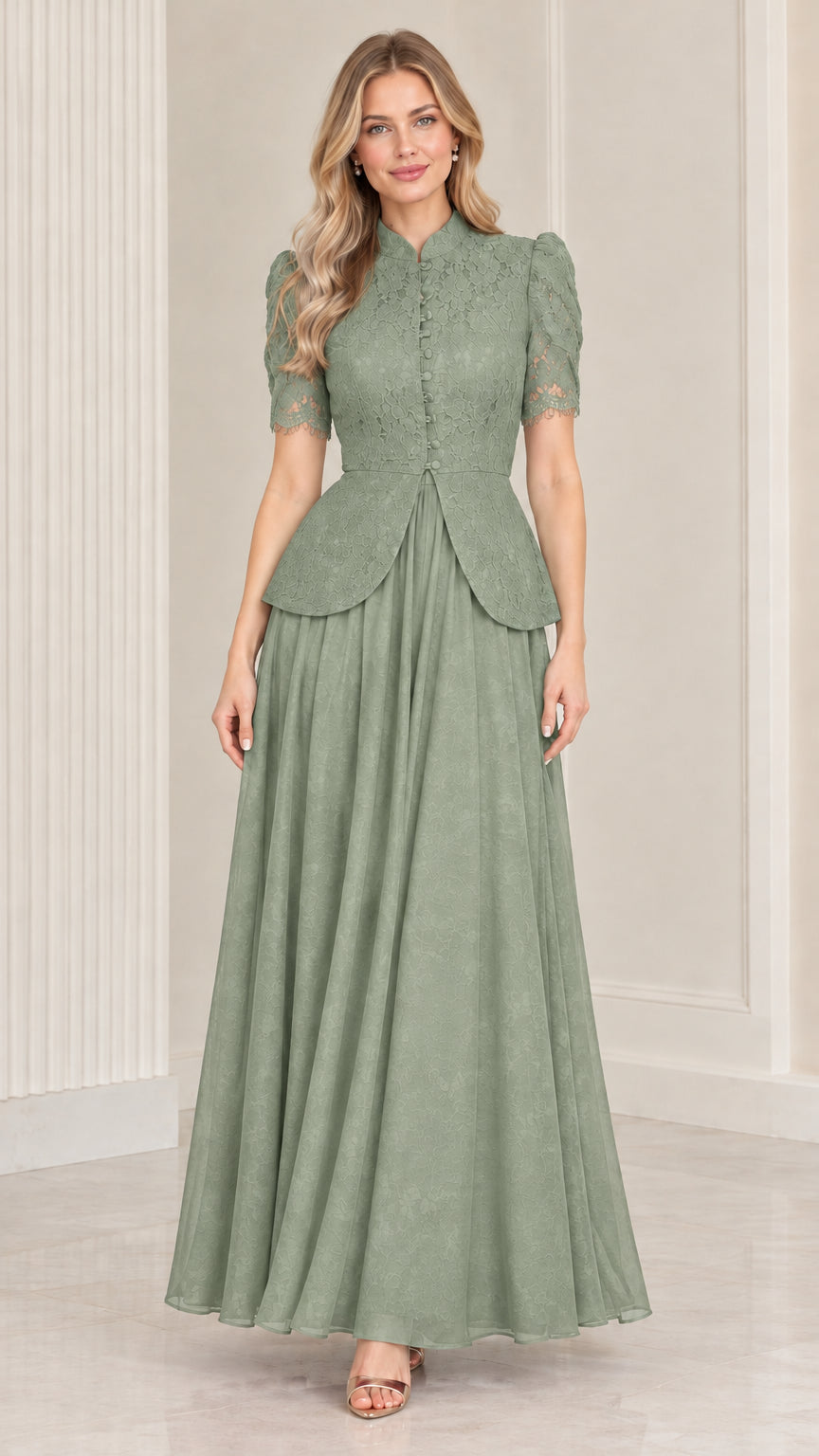 Sage green short sleeve lace peplum formal maxi dress