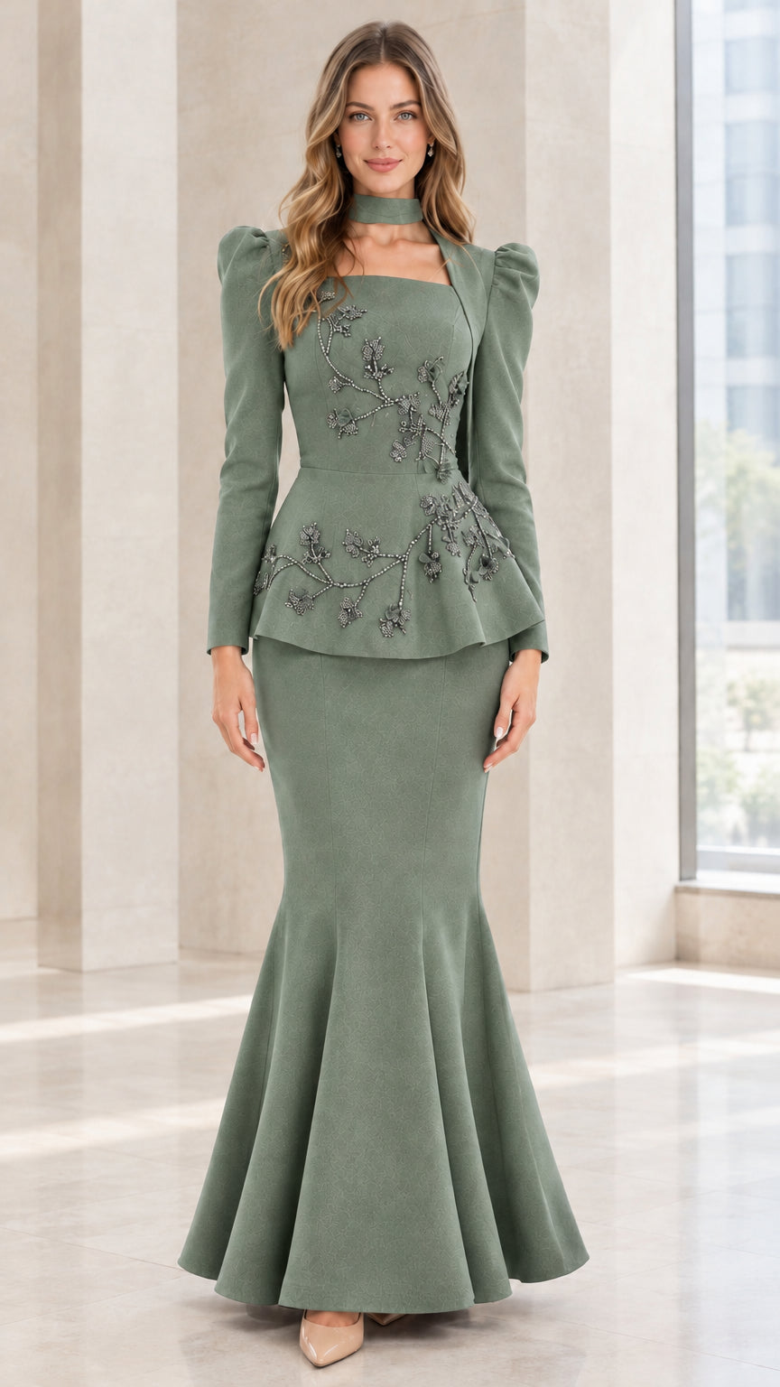 Model wearing Sage Green beaded peplum mermaid gown