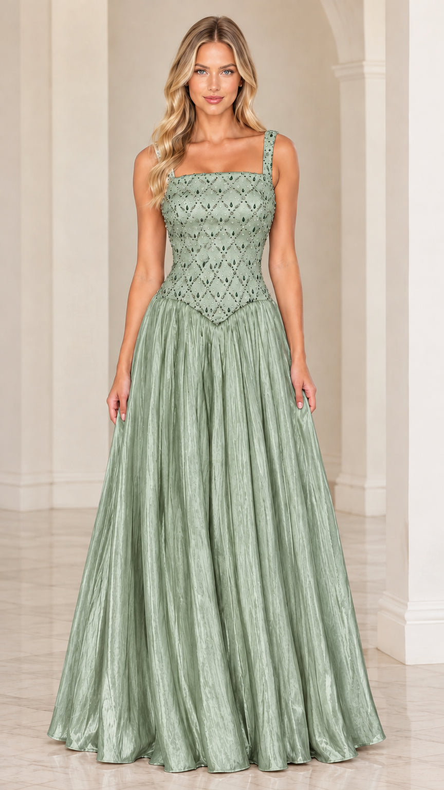 Sage Green embellished square neck evening dress