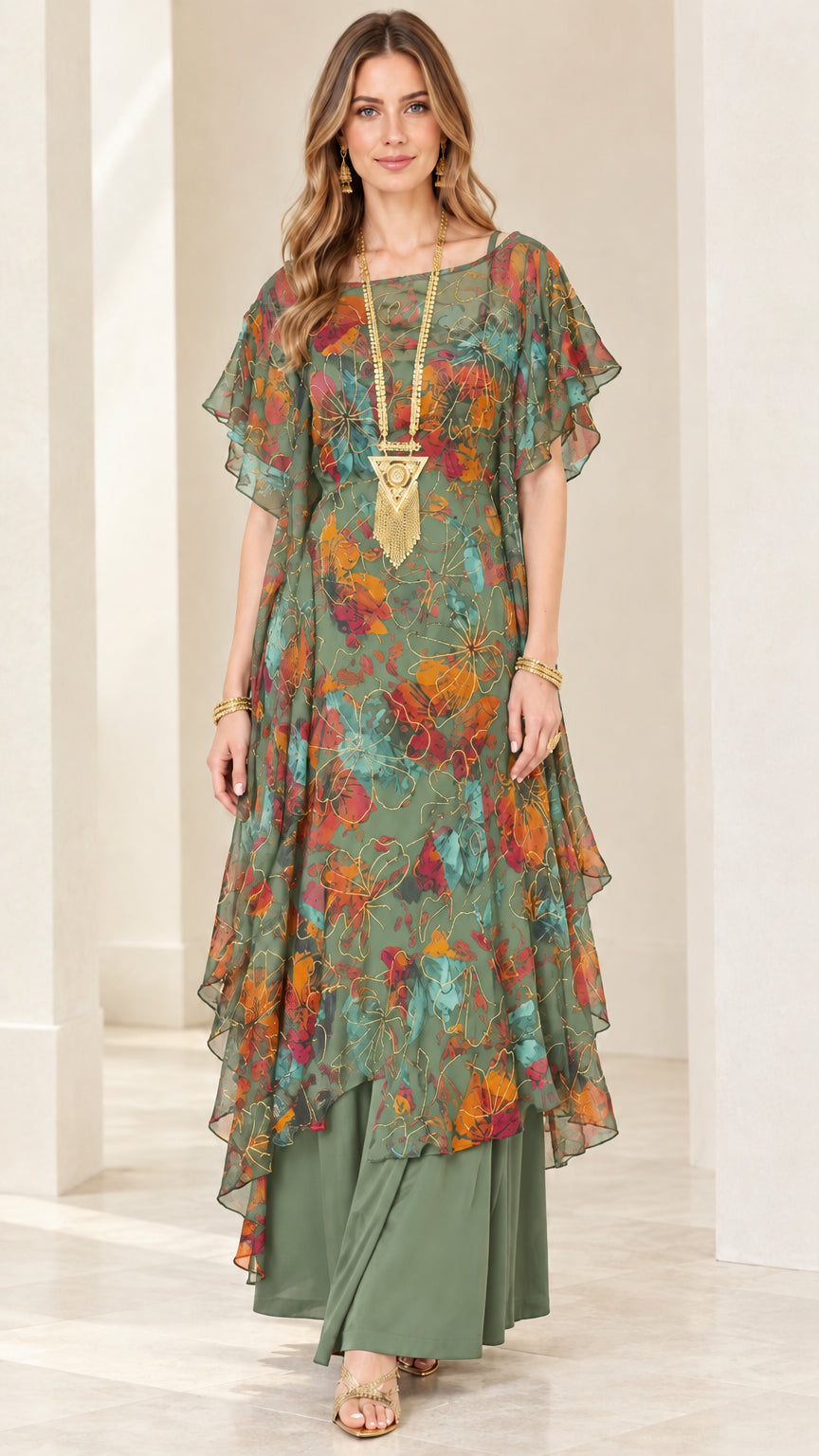 Full-length view of Sage Green floral layered chiffon maxi dress