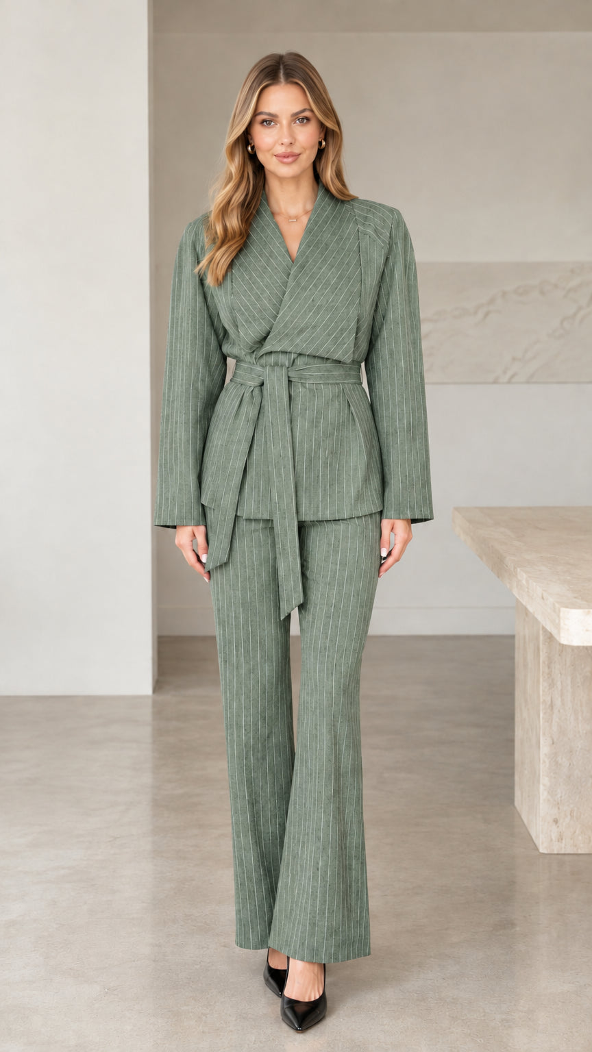 Front view of woman wearing sage green pinstripe wrap blazer and pant suit set