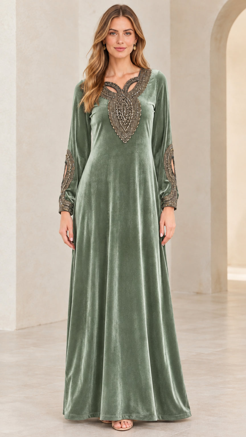 Model wearing Sage Green velvet beaded long sleeve maxi dress