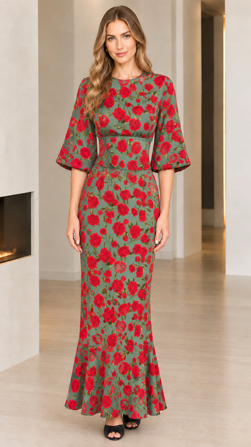 Sage green floral print trumpet maxi dress front view