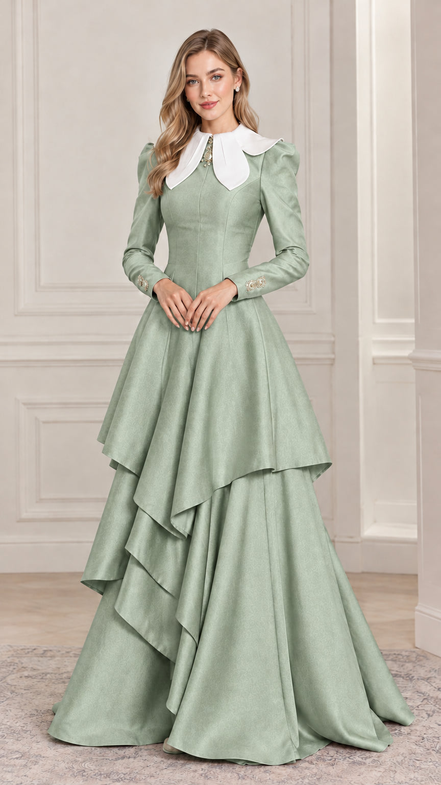 Full-length view of sage green tiered formal maxi dress with white collar