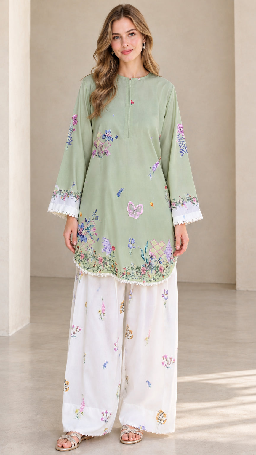 Front view of model wearing Sage Green floral tunic and white wide leg pants set