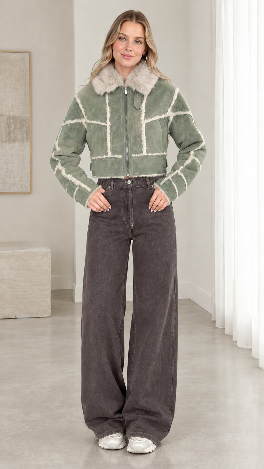 Model wearing sage green cropped faux suede shearling jacket