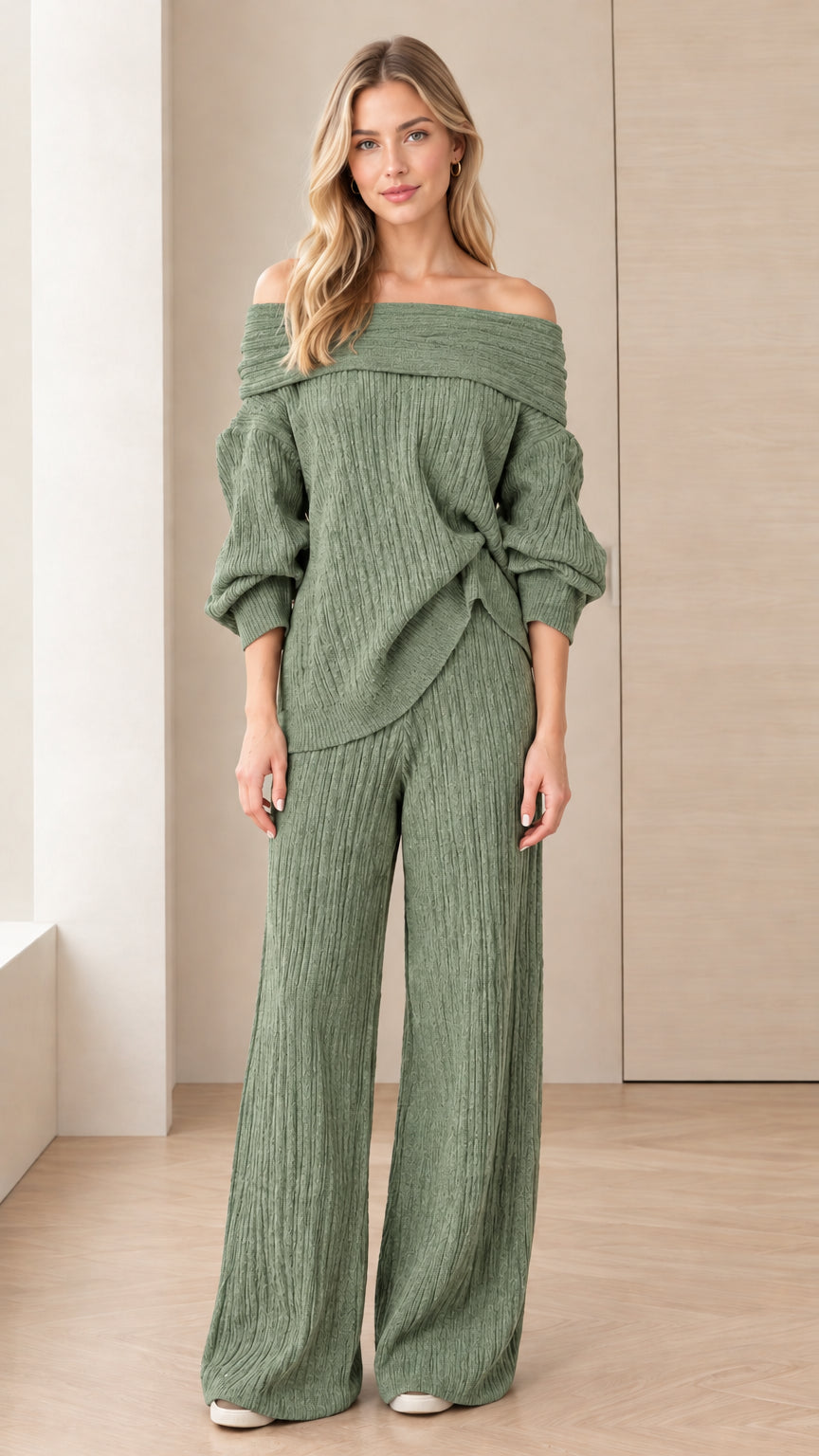 Sage green two-piece off-the-shoulder knit top and matching wide-leg trousers