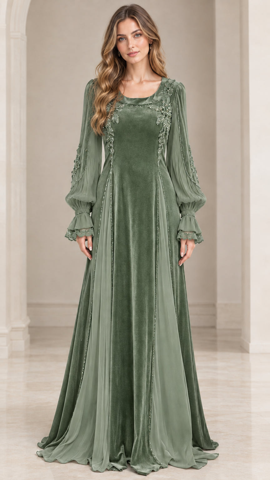 Front view of sage green velvet floor-length gown with embroidered details