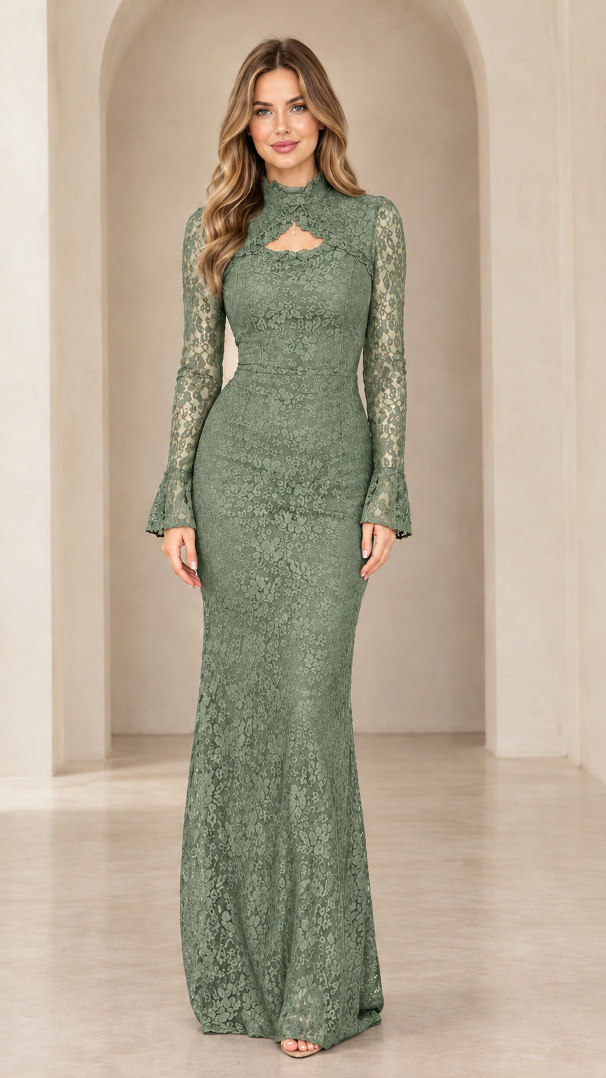 Sage Green mock neck cutout lace formal gown