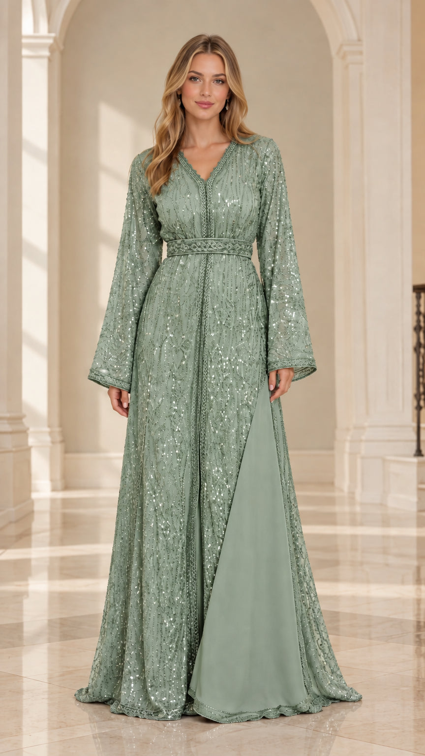 Front full-length view of Sage Green sequined embroidered kaftan maxi dress