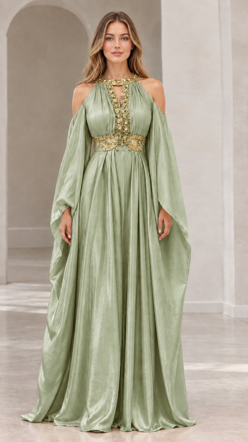 Sage green draped cape sleeve evening dress with gold floral detailing