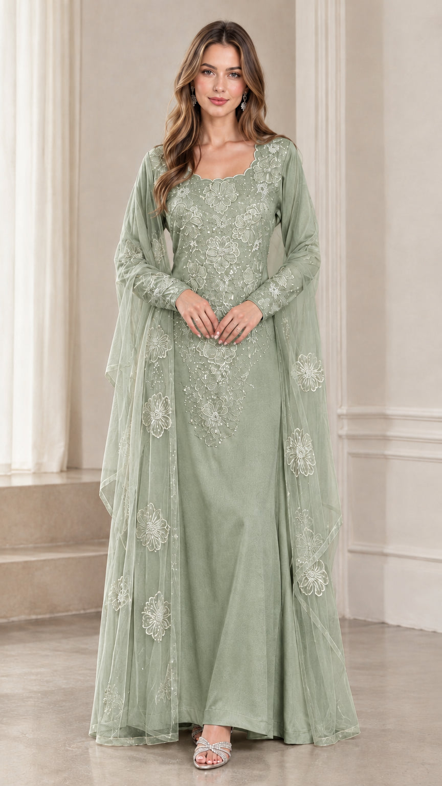 Full-length sage green floral embroidered evening maxi dress