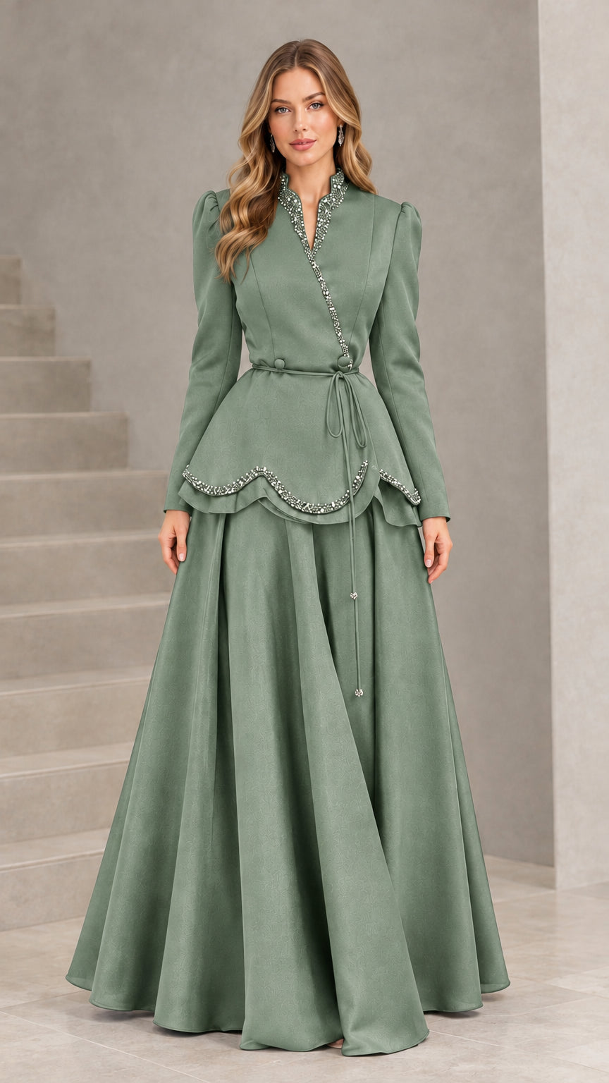 Front view of model in Sage Green beaded peplum long sleeve evening gown