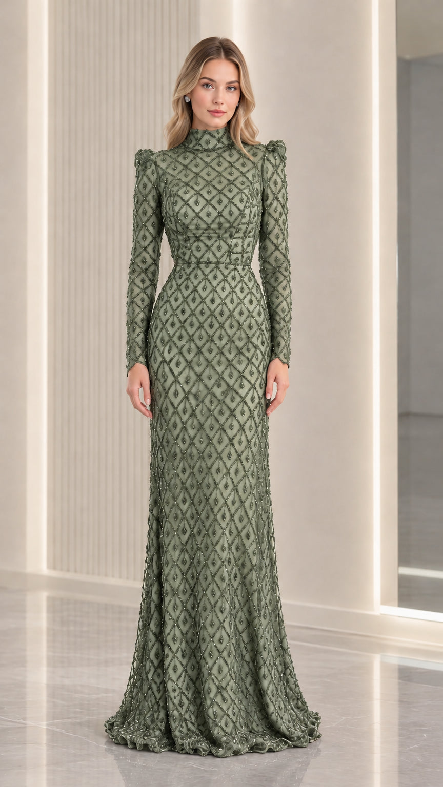 Sage green beaded floor-length formal gown front view
