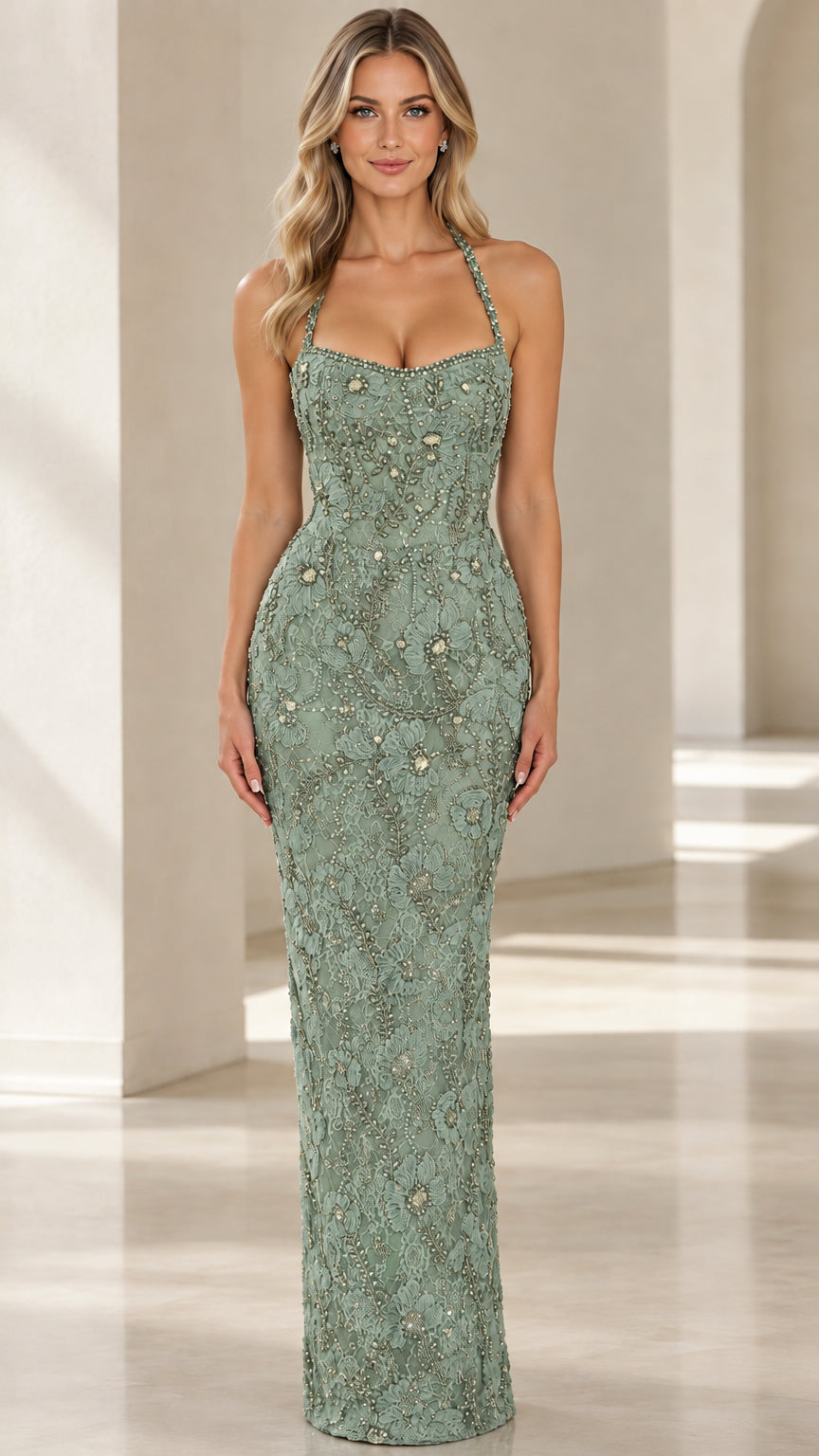 Front view of woman wearing Sage Green beaded halter evening gown