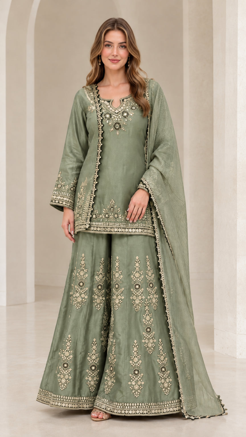 Sage green embroidered 3-piece kurti sharara set with dupatta